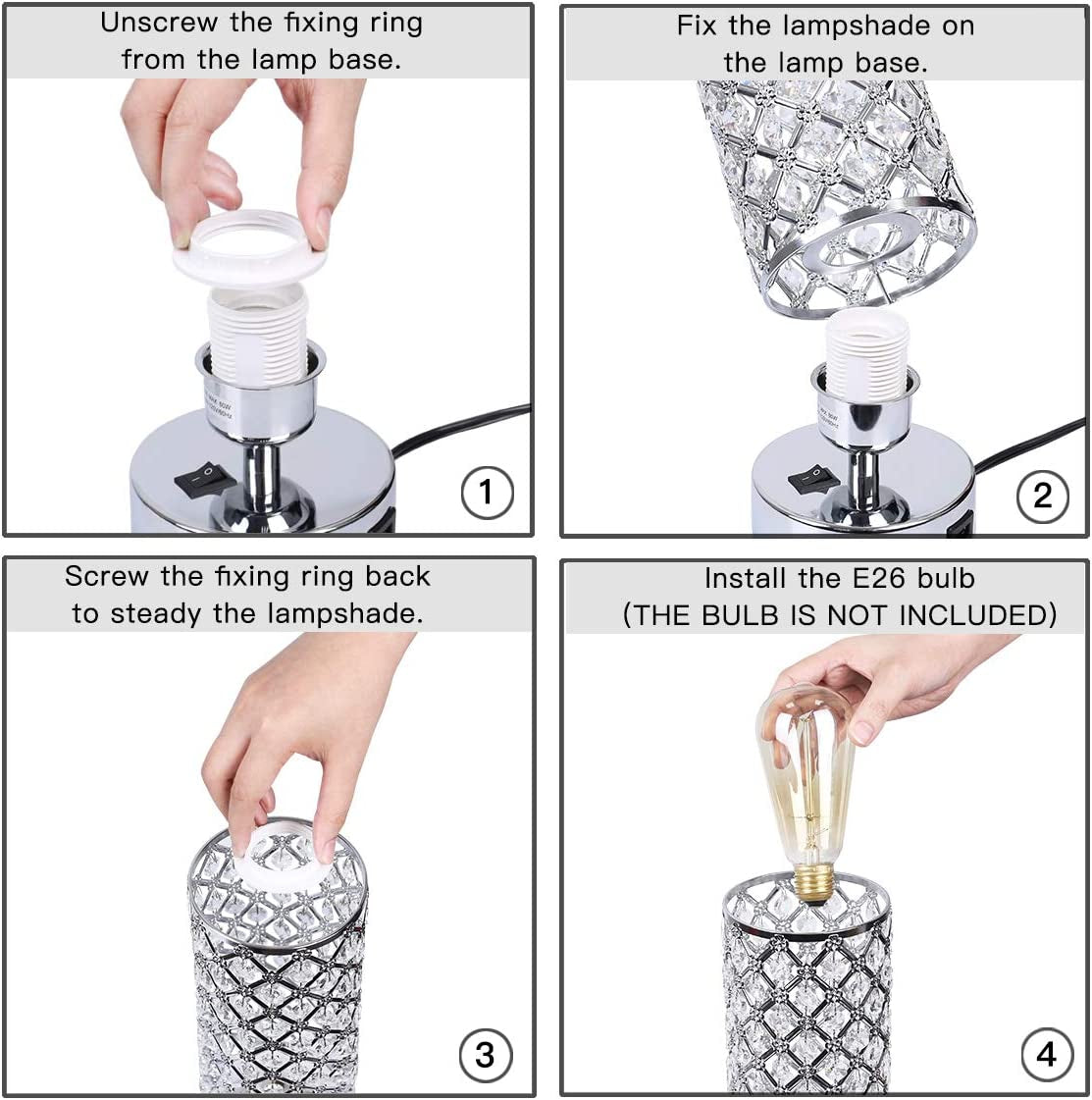 USB Crystal Table Desk Lamp with USB Port,  Elegant Bedside Light, Glam Lamps for Bedrooms, Small Decorative Lamp, Nightstand Lamp for Bedroom/Living Room/Dressing Room-Excluded Bulb