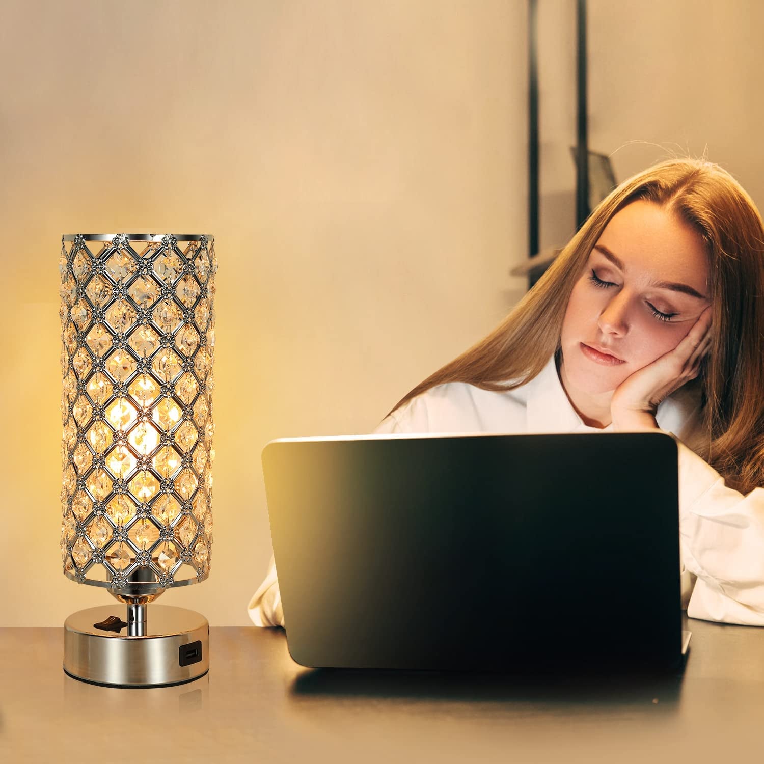 USB Crystal Table Desk Lamp with USB Port,  Elegant Bedside Light, Glam Lamps for Bedrooms, Small Decorative Lamp, Nightstand Lamp for Bedroom/Living Room/Dressing Room-Excluded Bulb