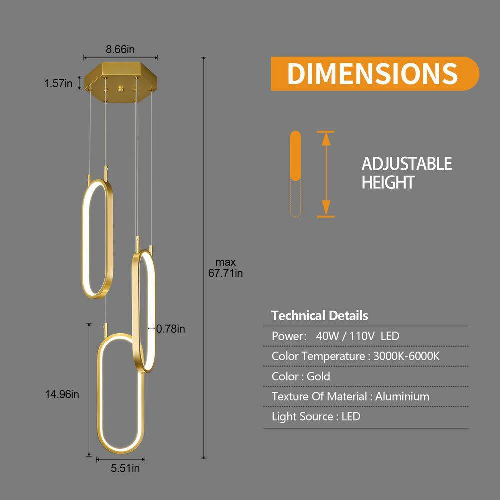 Home Lighting 3-Light 3C-Gold Dimmable LED Pendant Light Ring Oval Chandelier for Living Room