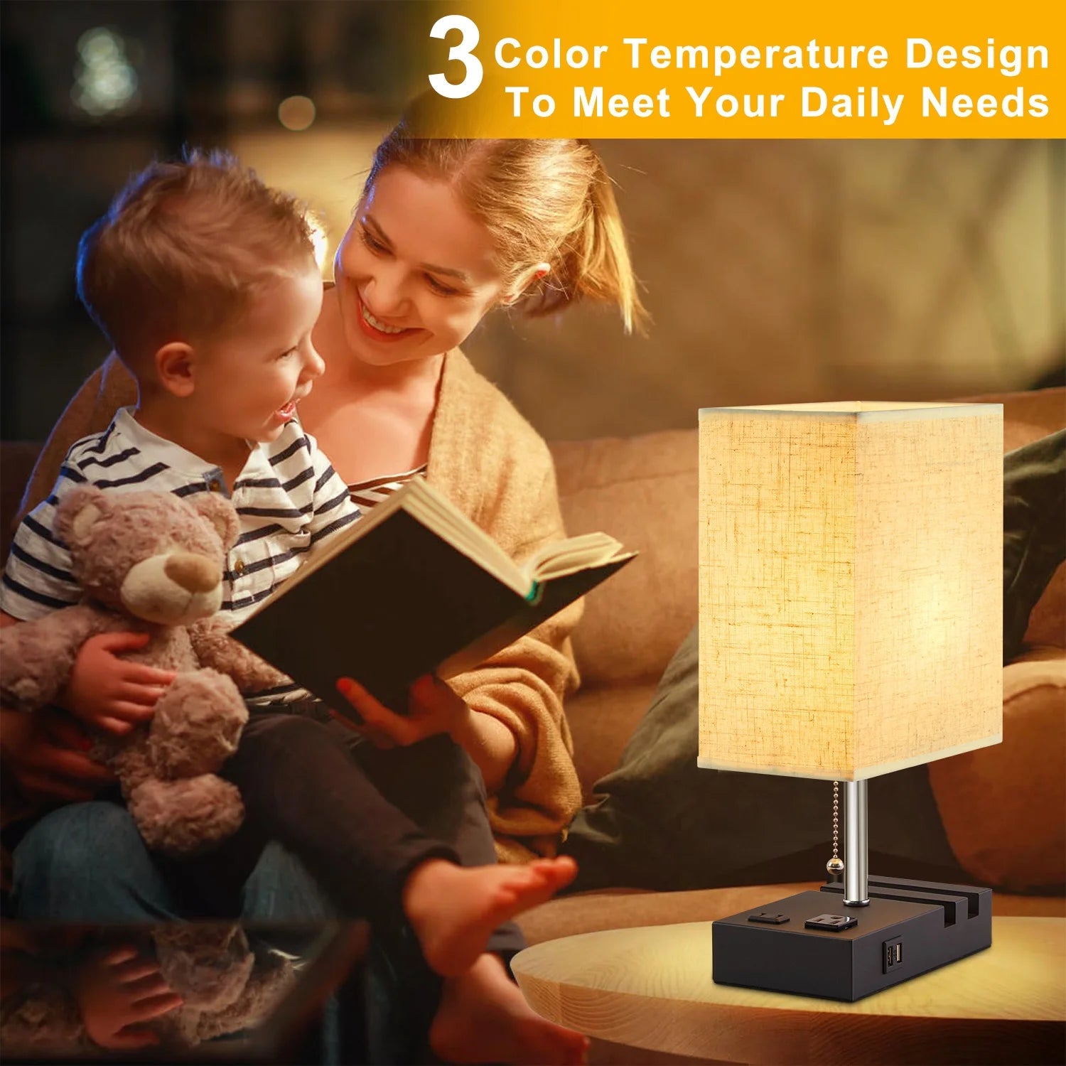 Desk Lamp, Cordless Table Lamp for Bedroom, 3 Way Dimmable Table Lamps with Dual USB Charging Ports and AC Outlet, Bedside Lamps with 2 Phone Stands for Night Stands, Living Room, Office