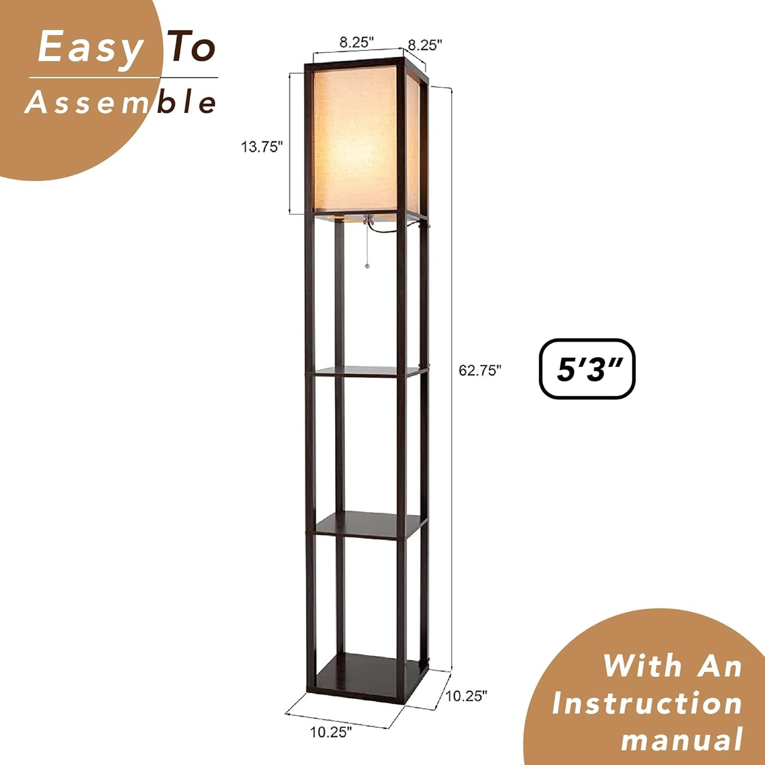 Avery - 63" Floor Lamp with Shelves, Modern Shelf Lamp for Bedroom and Living Room, Tall Standing Lamp with Shelves, Bedside Floor Lamp for Reading, White