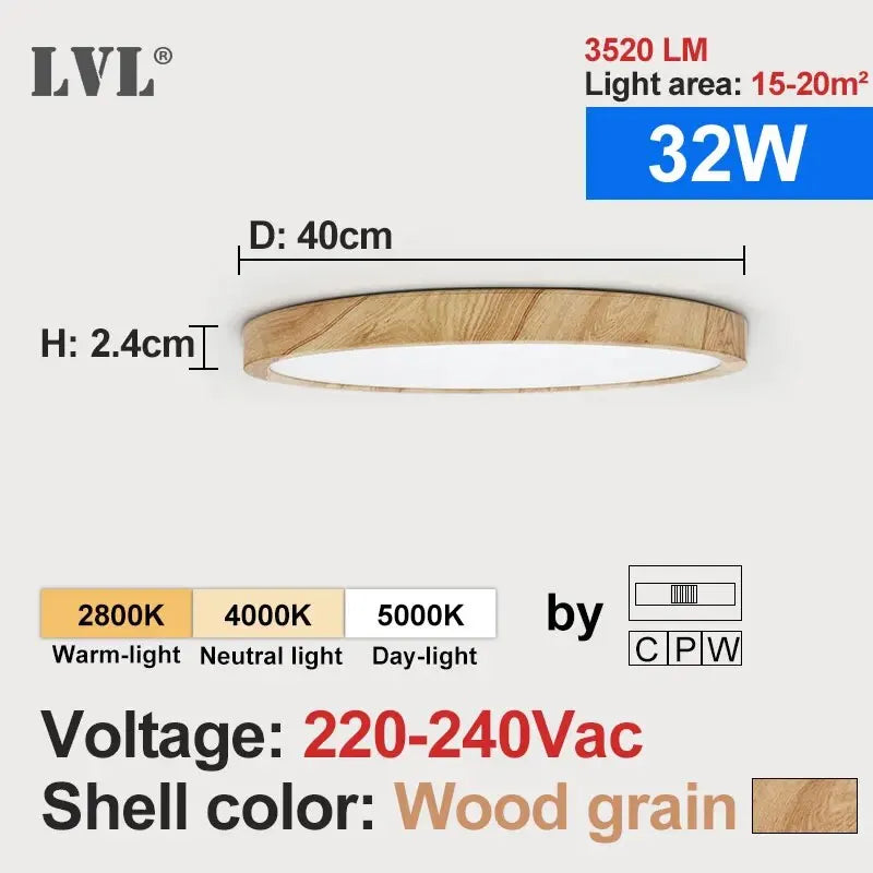 LED Ceiling Light Wood Grain & White 3 in 1 Lighting Colors Home Lighting Kitchen Bedroom Bathroom round Flush Ceiling Lamp