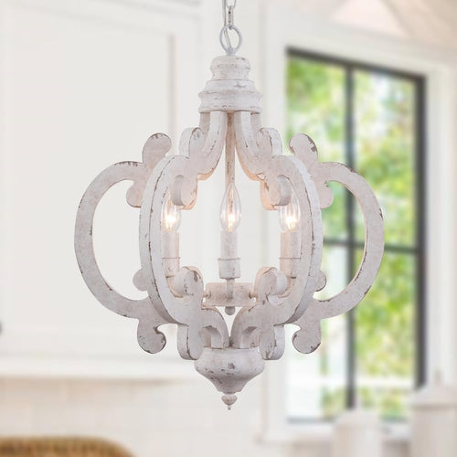 18 Inch Farmhouse Wood Chandelier, 6-Lights Dining Room Light Fixtures over Table, White Chandelier Light Fixture, Rustic Chandelier for Kitchen Island, Hallway, Foyer
