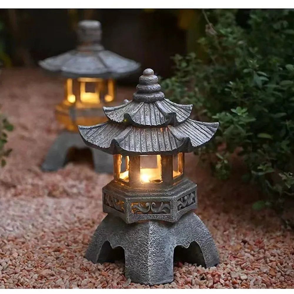 Solar Light Zen Stone Pagoda Decoration Ornaments Garden Garden Resin Small Palace Lantern Sculpture Furniture Outdoor Light