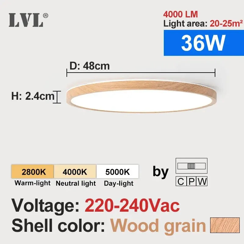 LED Ceiling Light Wood Grain & White 3 in 1 Lighting Colors Home Lighting Kitchen Bedroom Bathroom round Flush Ceiling Lamp