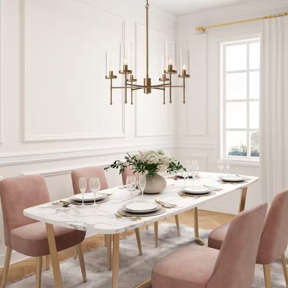 Modern Satin Gold Island Chandelier 6-Light Transitional Candlestick Linear Chandelier with Seeded Glass Shades