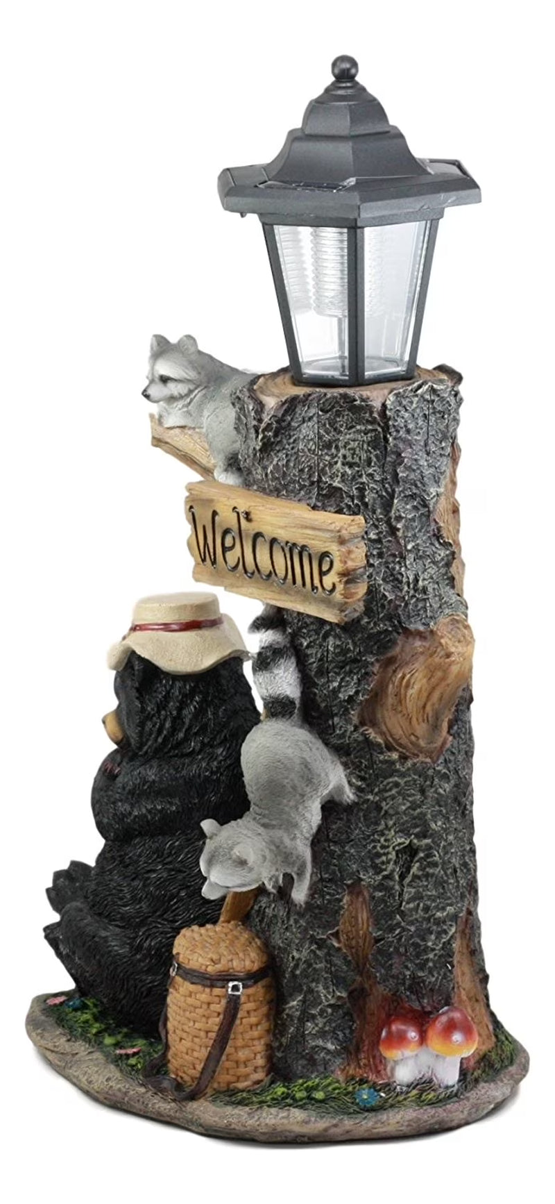 Forest Lazy Bear Raccoon Welcome Sign Solar Light Lantern Outpost Statue, UV Resistant