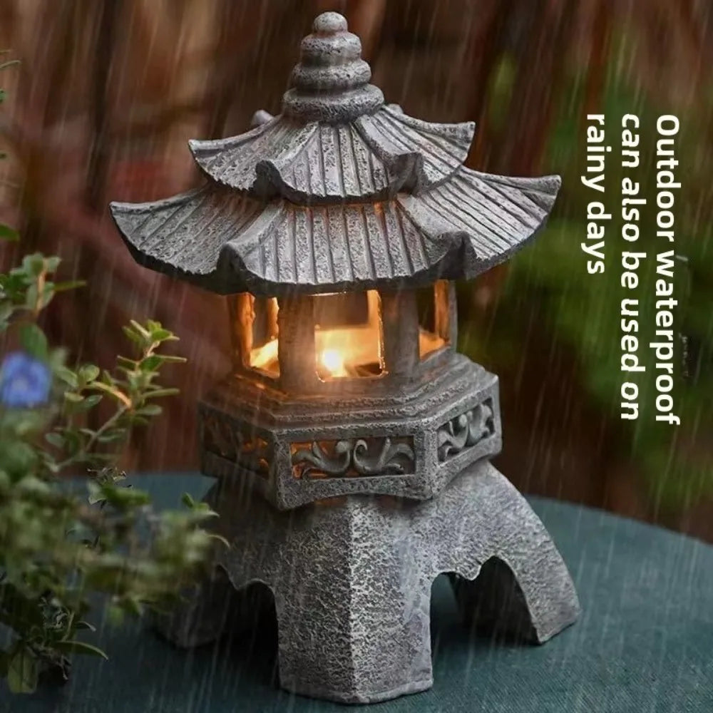 Solar Light Zen Stone Pagoda Decoration Ornaments Garden Garden Resin Small Palace Lantern Sculpture Furniture Outdoor Light
