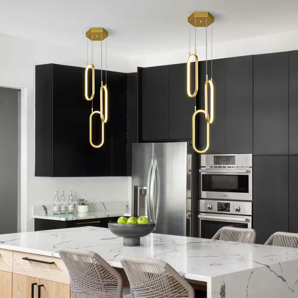 Home Lighting 3-Light 3C-Gold Dimmable LED Pendant Light Ring Oval Chandelier for Living Room