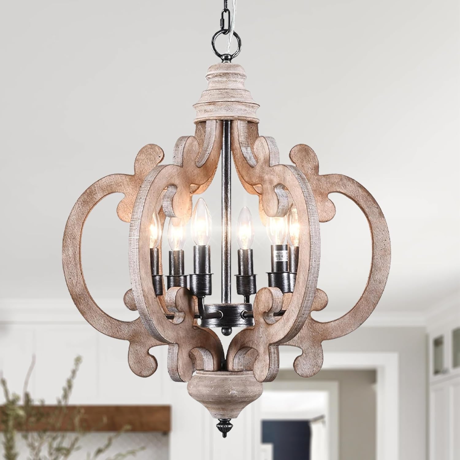 18 Inch Farmhouse Wood Chandelier, 6-Lights Dining Room Light Fixtures over Table, White Chandelier Light Fixture, Rustic Chandelier for Kitchen Island, Hallway, Foyer