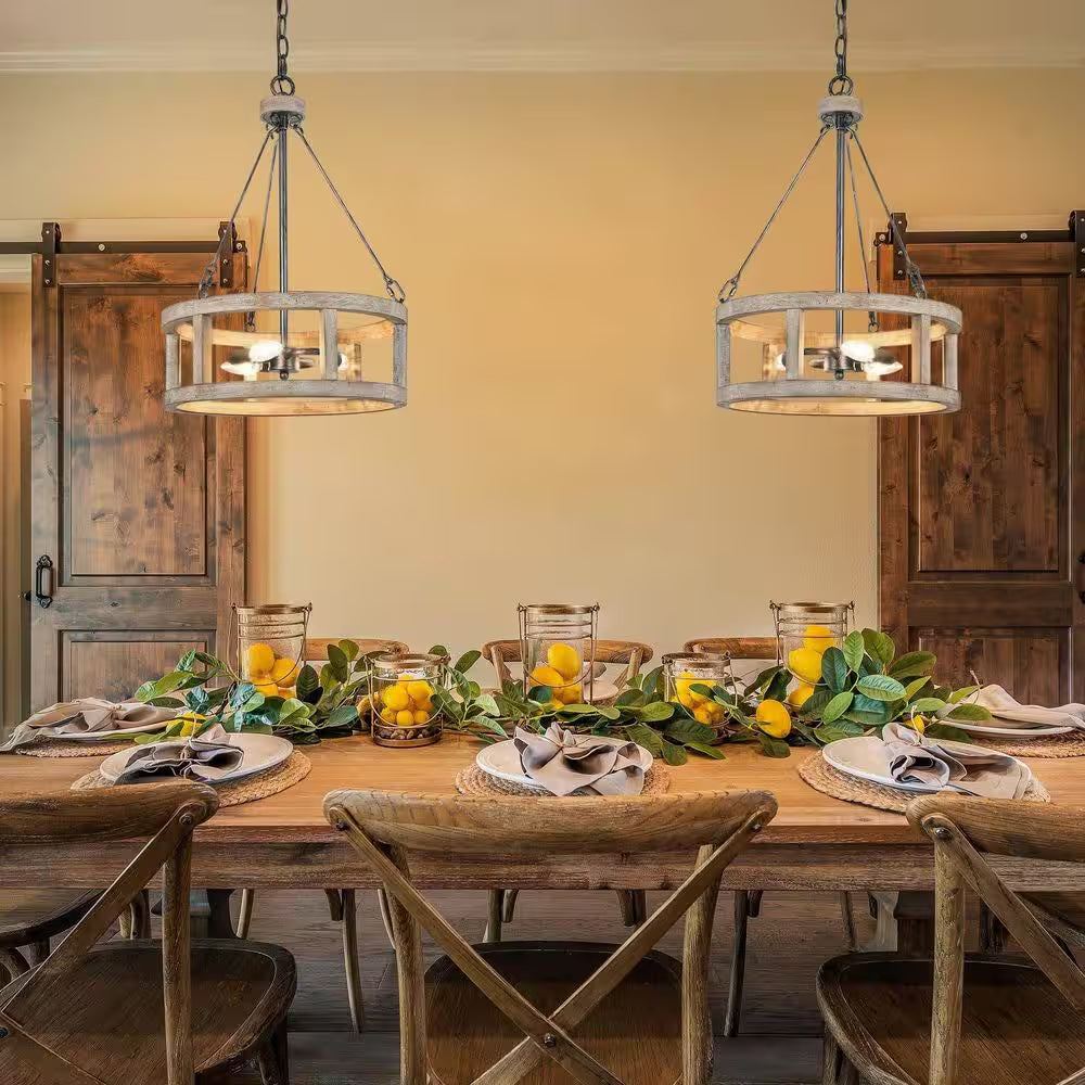 Drum Wood Chandelier, Rustic 3-Light Brown Caged Chandelier round Island Pendant Light Farmhouse Chandelier