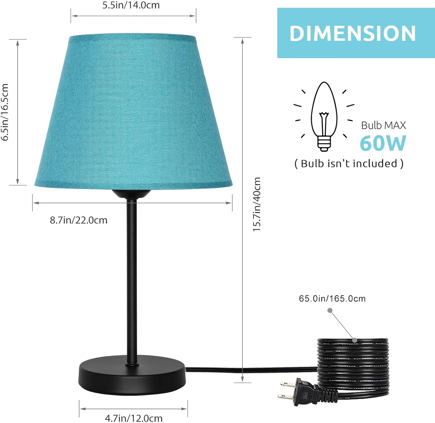Bedside Table Lamps - Modern Nightstand Desk Lamps with Fabric Lamp Shade and Metal Base for Bedroom, Living Room, Office, College Dorm -Light Blue