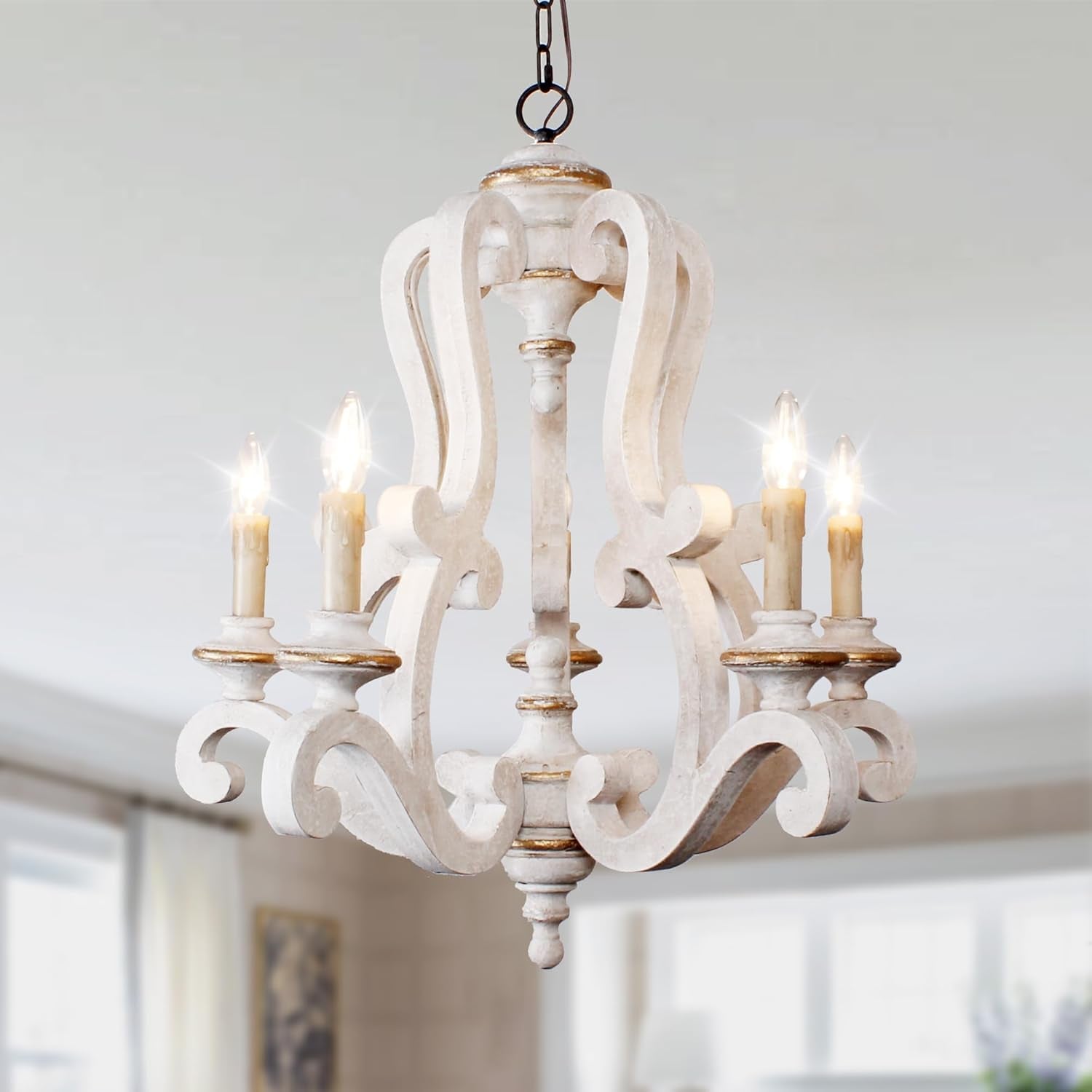 18 Inch Farmhouse Wood Chandelier, 6-Lights Dining Room Light Fixtures over Table, White Chandelier Light Fixture, Rustic Chandelier for Kitchen Island, Hallway, Foyer