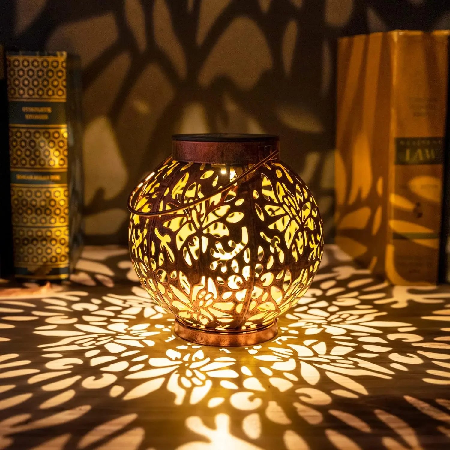 Outdoor Garden Landscape Decoration Solar Lights LED Metal Waterproof round Lantern Lights Hanging Hollow Projection Lights