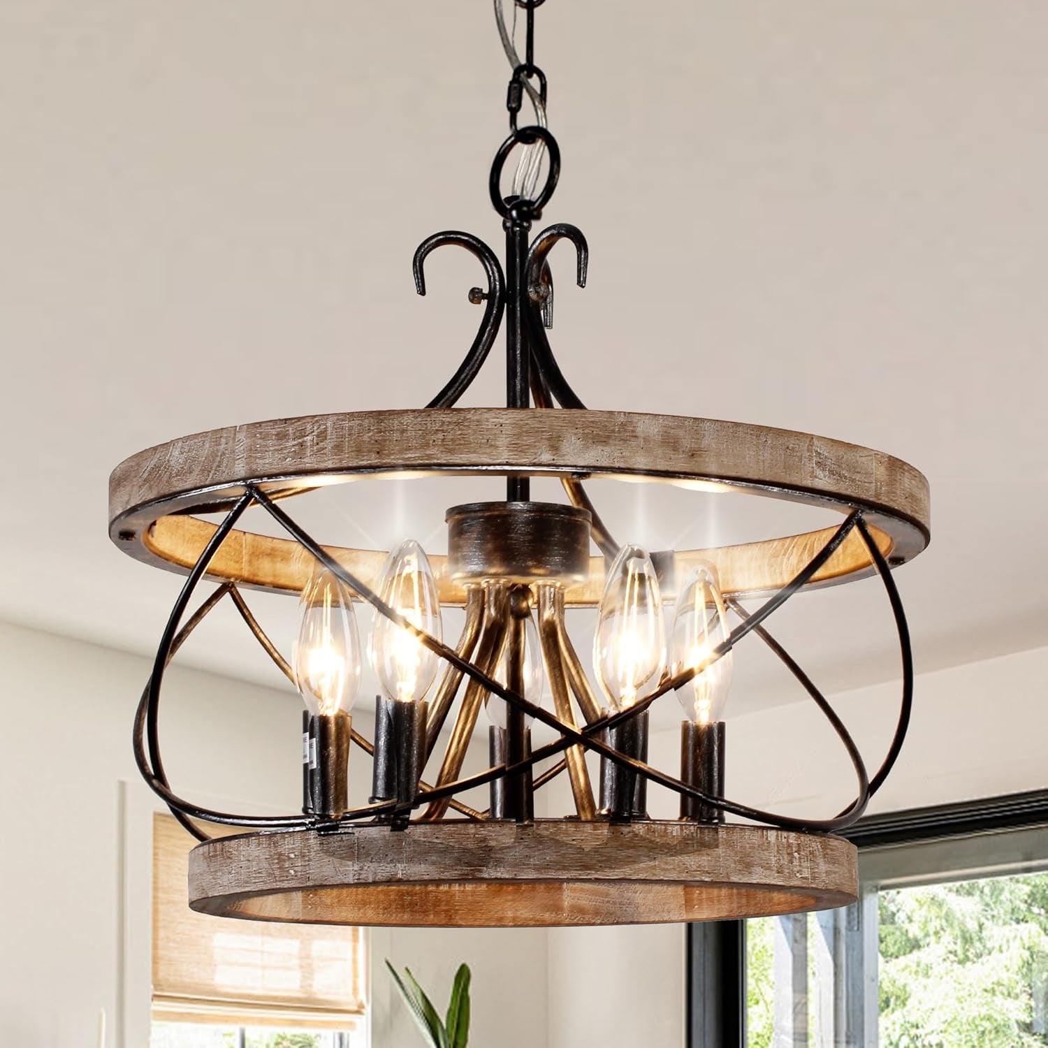 18 Inch Farmhouse Wood Chandelier, 6-Lights Dining Room Light Fixtures over Table, White Chandelier Light Fixture, Rustic Chandelier for Kitchen Island, Hallway, Foyer