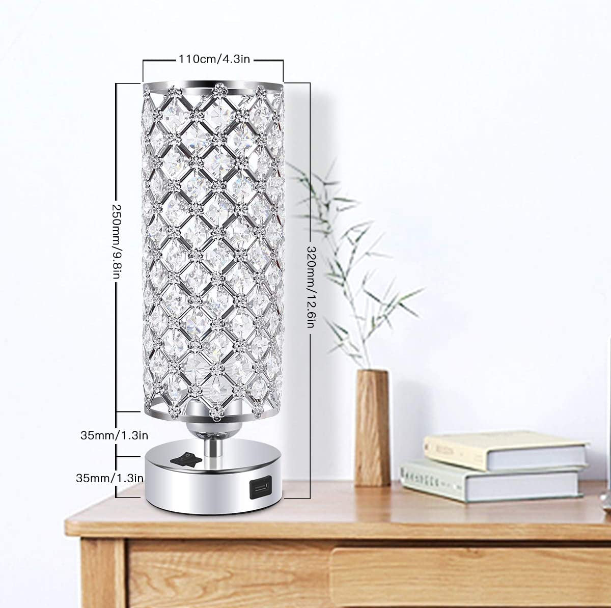 USB Crystal Table Desk Lamp with USB Port,  Elegant Bedside Light, Glam Lamps for Bedrooms, Small Decorative Lamp, Nightstand Lamp for Bedroom/Living Room/Dressing Room-Excluded Bulb