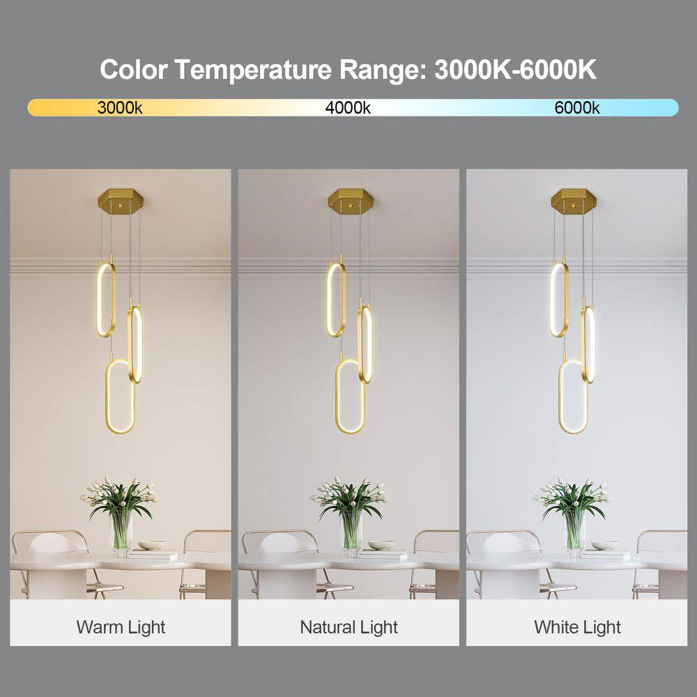 Home Lighting 3-Light 3C-Gold Dimmable LED Pendant Light Ring Oval Chandelier for Living Room