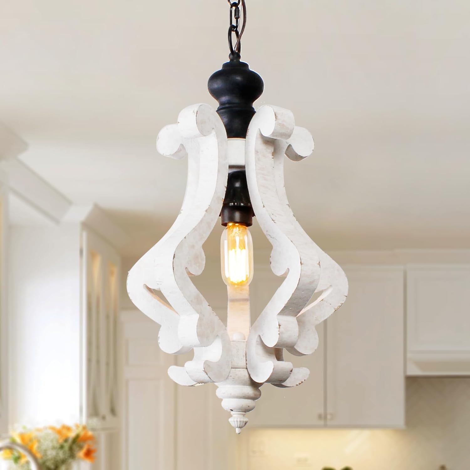 18 Inch Farmhouse Wood Chandelier, 6-Lights Dining Room Light Fixtures over Table, White Chandelier Light Fixture, Rustic Chandelier for Kitchen Island, Hallway, Foyer