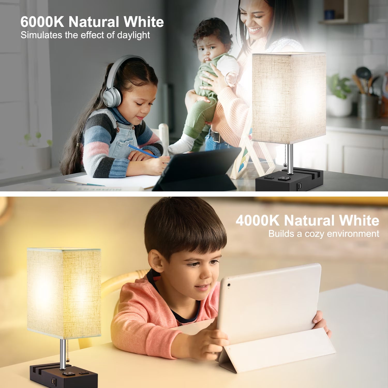 Desk Lamp, Cordless Table Lamp for Bedroom, 3 Way Dimmable Table Lamps with Dual USB Charging Ports and AC Outlet, Bedside Lamps with 2 Phone Stands for Night Stands, Living Room, Office