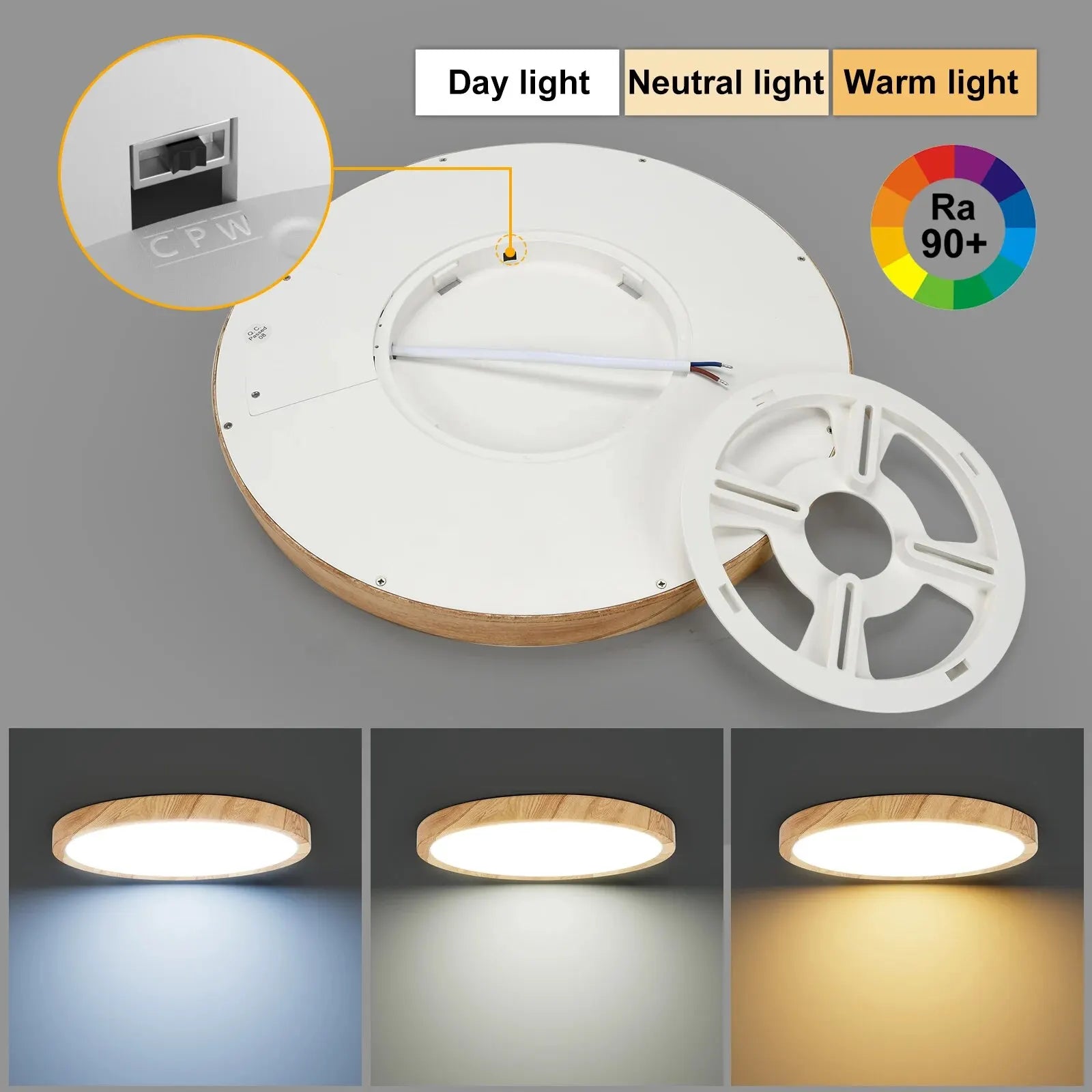 LED Ceiling Light Wood Grain & White 3 in 1 Lighting Colors Home Lighting Kitchen Bedroom Bathroom round Flush Ceiling Lamp