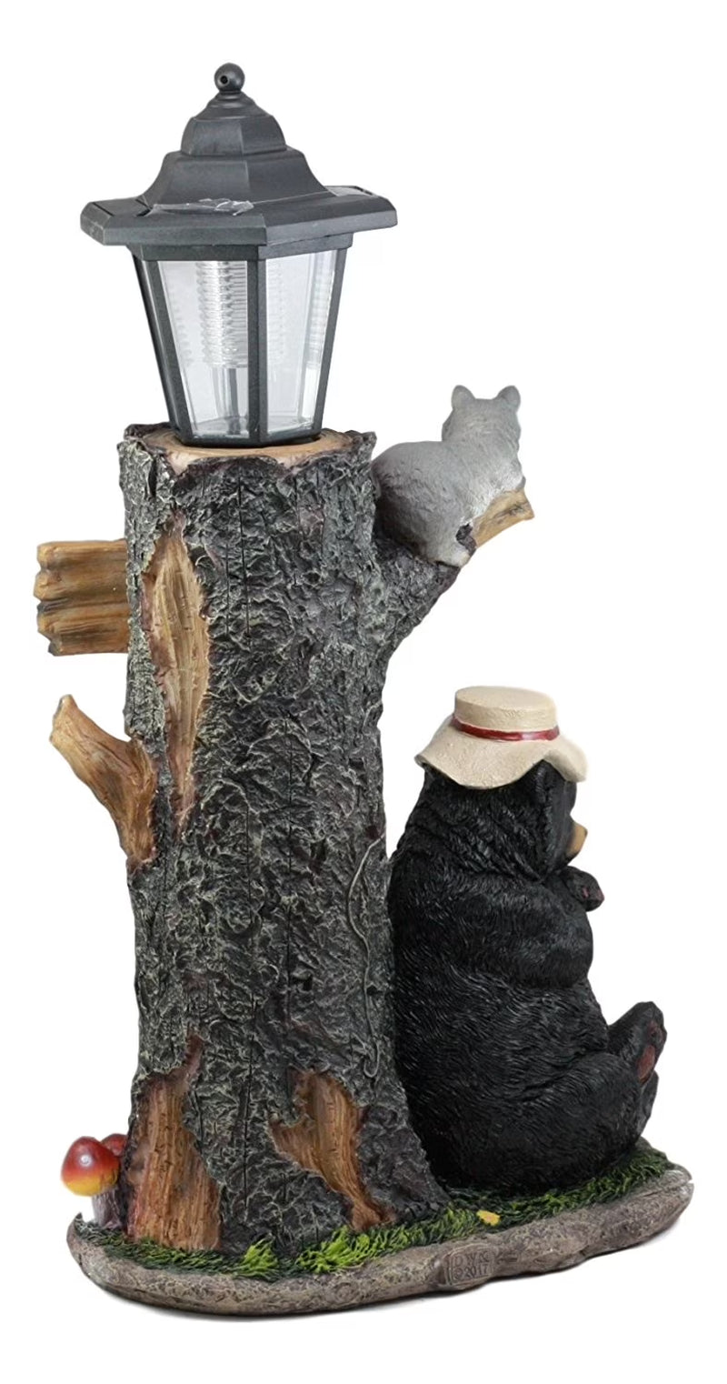 Forest Lazy Bear Raccoon Welcome Sign Solar Light Lantern Outpost Statue, UV Resistant