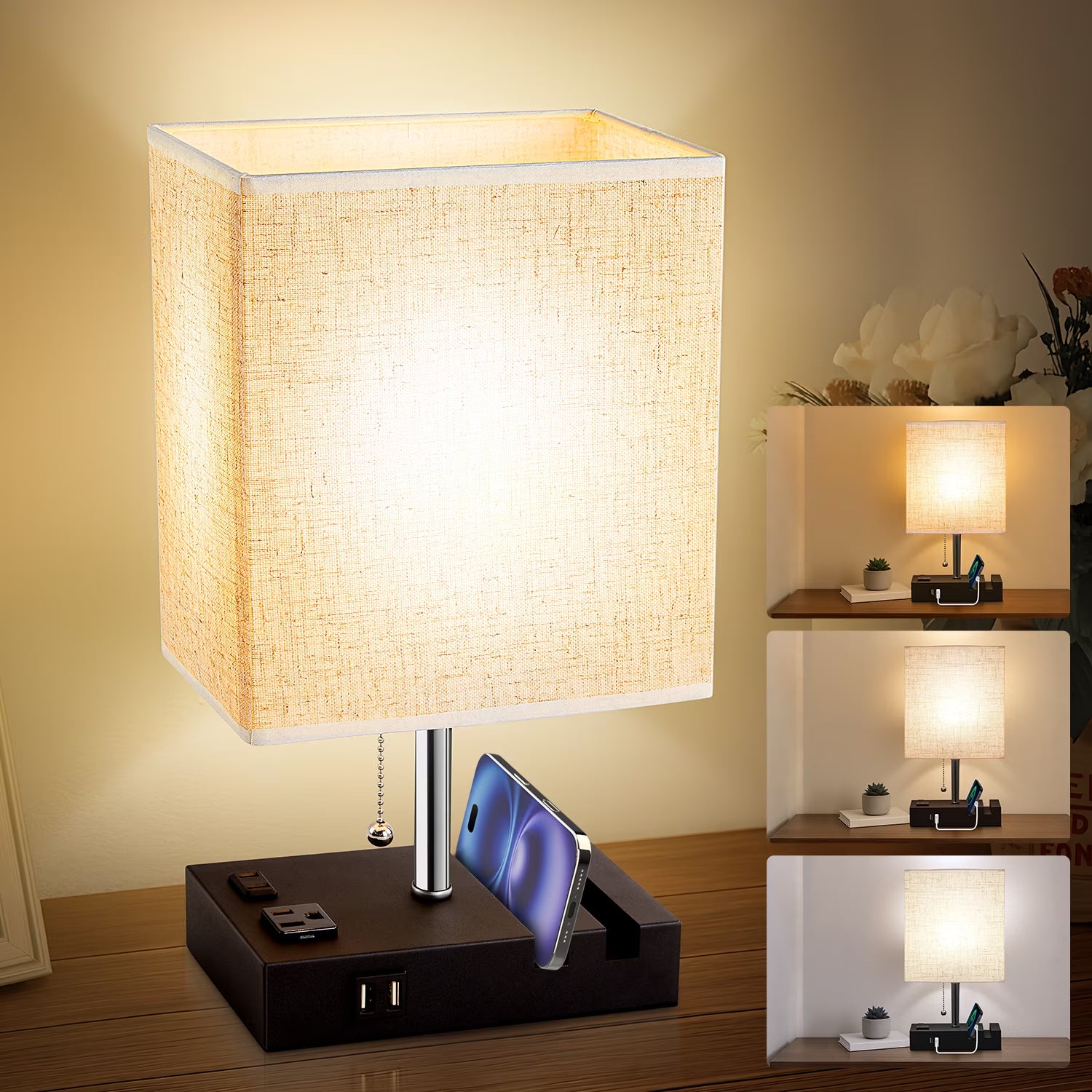 Desk Lamp, Cordless Table Lamp for Bedroom, 3 Way Dimmable Table Lamps with Dual USB Charging Ports and AC Outlet, Bedside Lamps with 2 Phone Stands for Night Stands, Living Room, Office