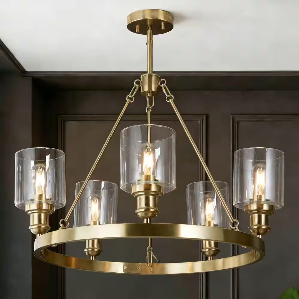 Modern Satin Gold Island Chandelier 6-Light Transitional Candlestick Linear Chandelier with Seeded Glass Shades