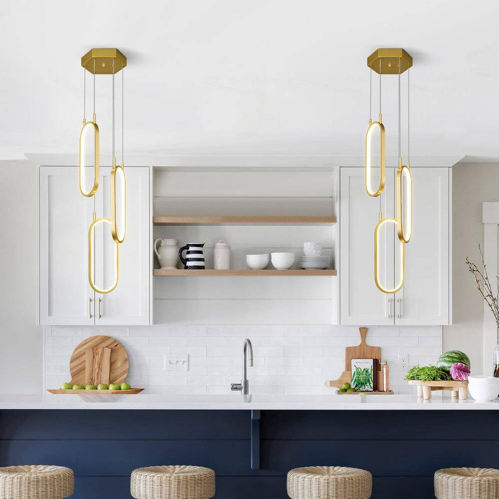Home Lighting 3-Light 3C-Gold Dimmable LED Pendant Light Ring Oval Chandelier for Living Room
