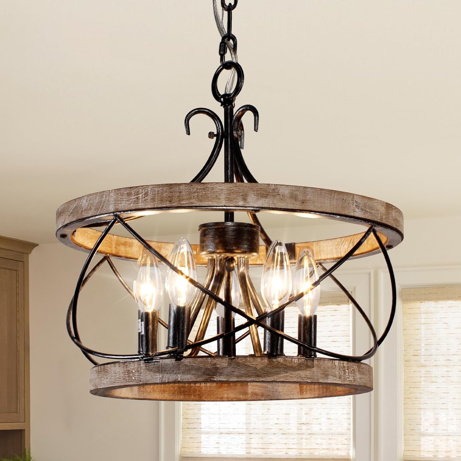 18 Inch Farmhouse Wood Chandelier, 6-Lights Dining Room Light Fixtures over Table, White Chandelier Light Fixture, Rustic Chandelier for Kitchen Island, Hallway, Foyer