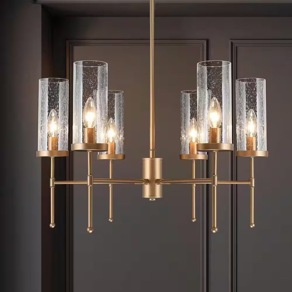 Modern Satin Gold Island Chandelier 6-Light Transitional Candlestick Linear Chandelier with Seeded Glass Shades