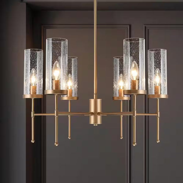 Modern Satin Gold Island Chandelier 6-Light Transitional Candlestick Linear Chandelier with Seeded Glass Shades
