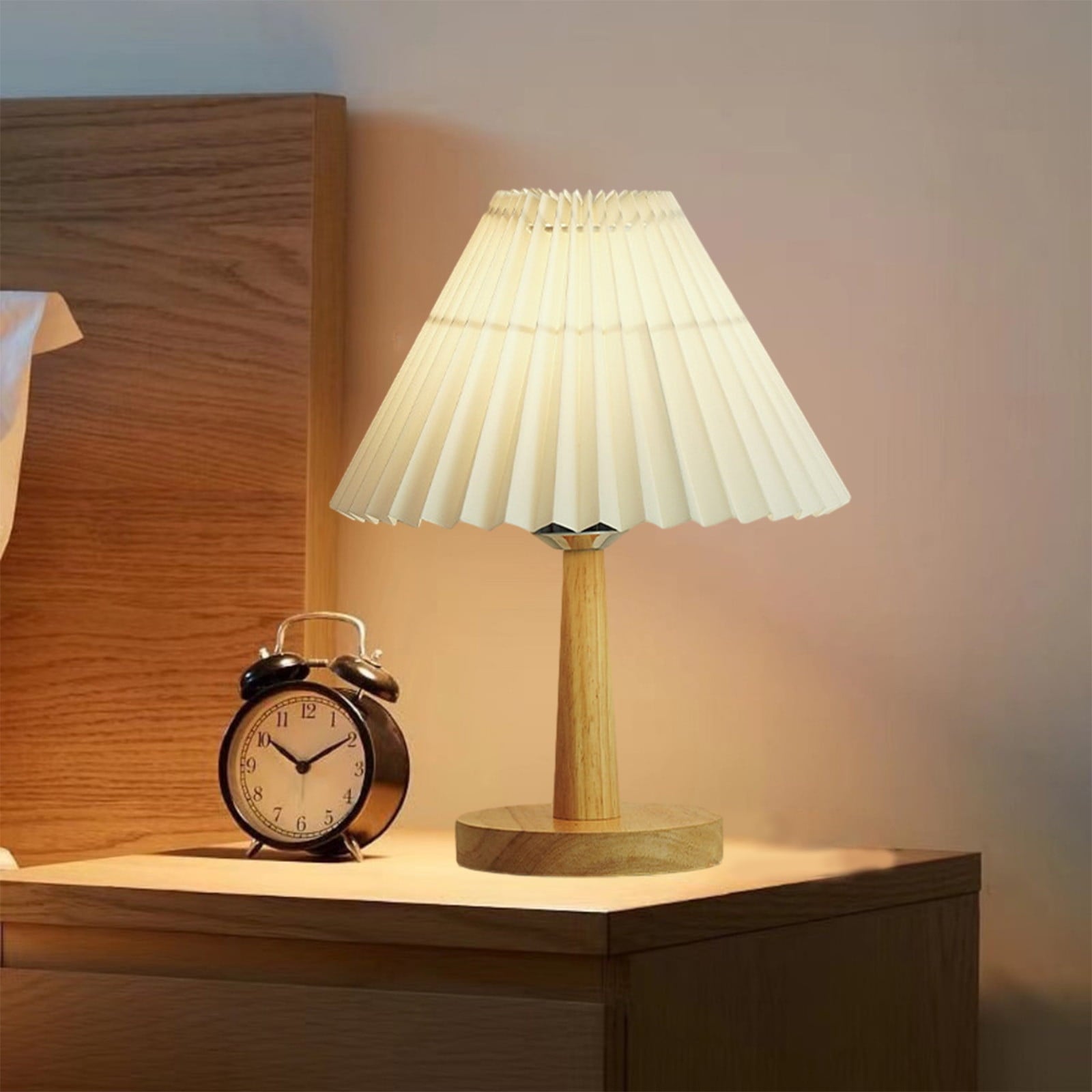 Pleated Table Lamp, Modern Bedside Nightstand Lamp with Umbellate Flaxen Fabric Shade and Wooden Base Infinitely Dimmable Adjustable LED Night Lights for Bedroom Living Room Office Bulb Included