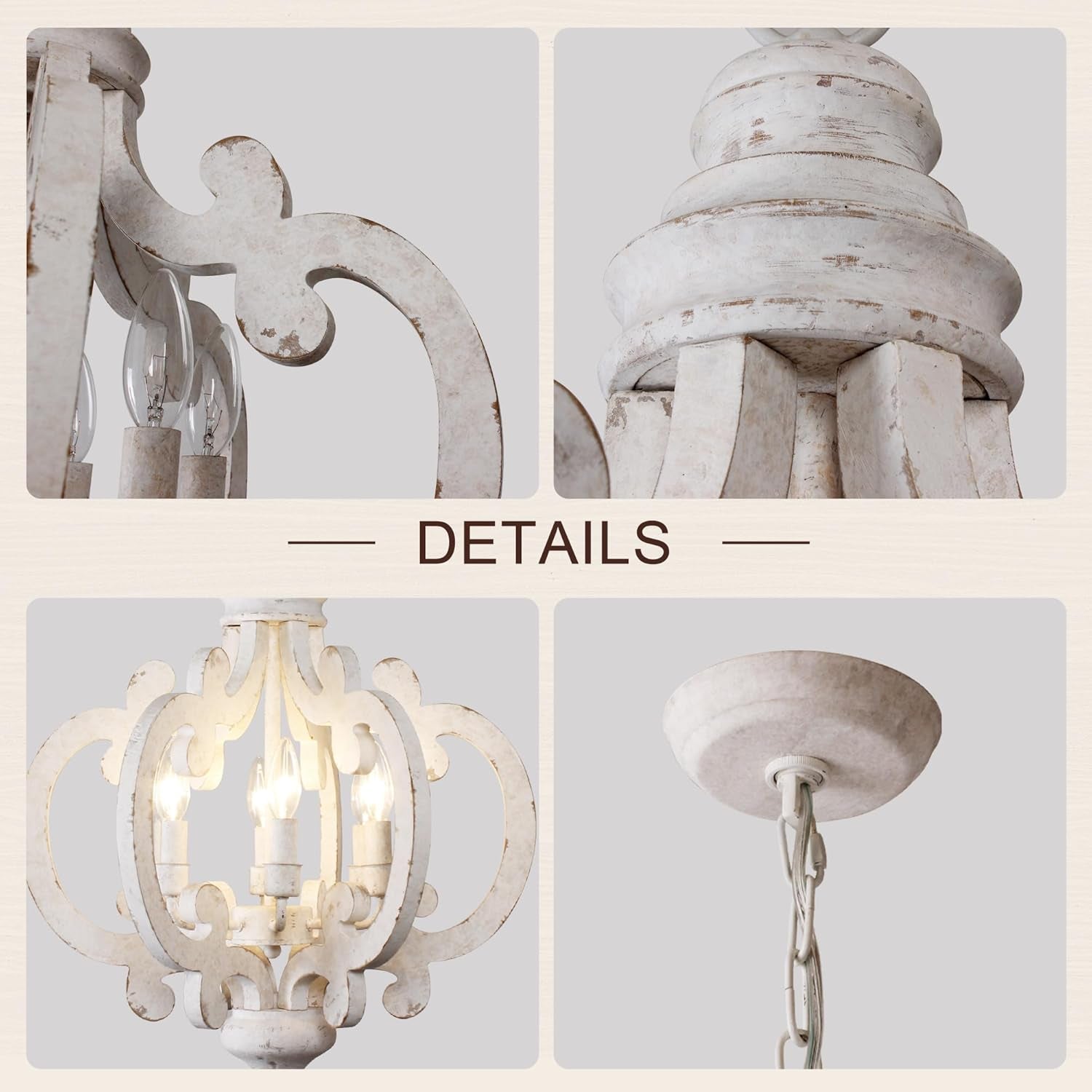 18 Inch Farmhouse Wood Chandelier, 6-Lights Dining Room Light Fixtures over Table, White Chandelier Light Fixture, Rustic Chandelier for Kitchen Island, Hallway, Foyer