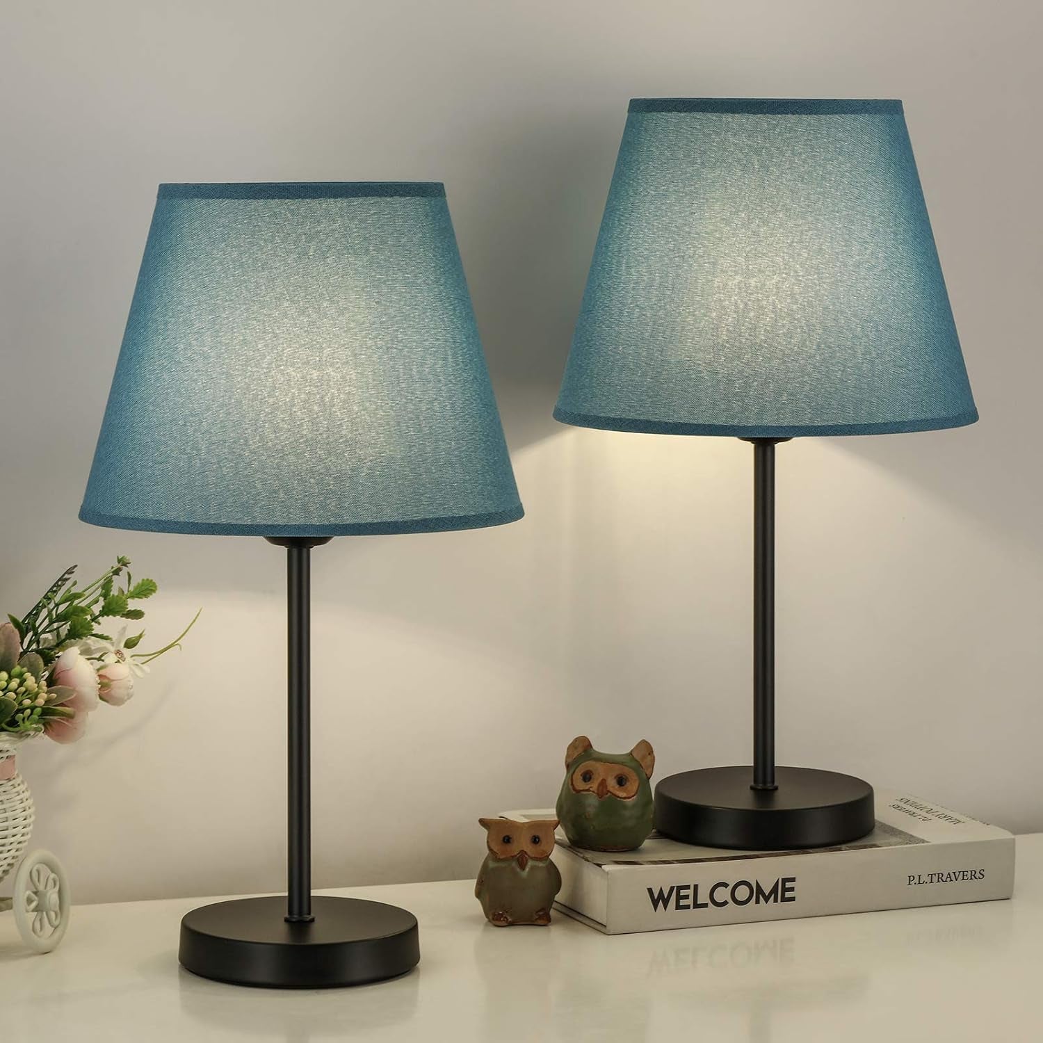 Bedside Table Lamps - Modern Nightstand Desk Lamps with Fabric Lamp Shade and Metal Base for Bedroom, Living Room, Office, College Dorm -Light Blue