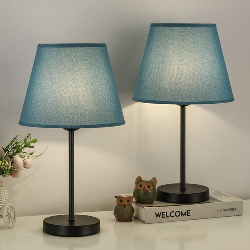 Bedside Table Lamps - Modern Nightstand Desk Lamps with Fabric Lamp Shade and Metal Base for Bedroom, Living Room, Office, College Dorm -Light Blue