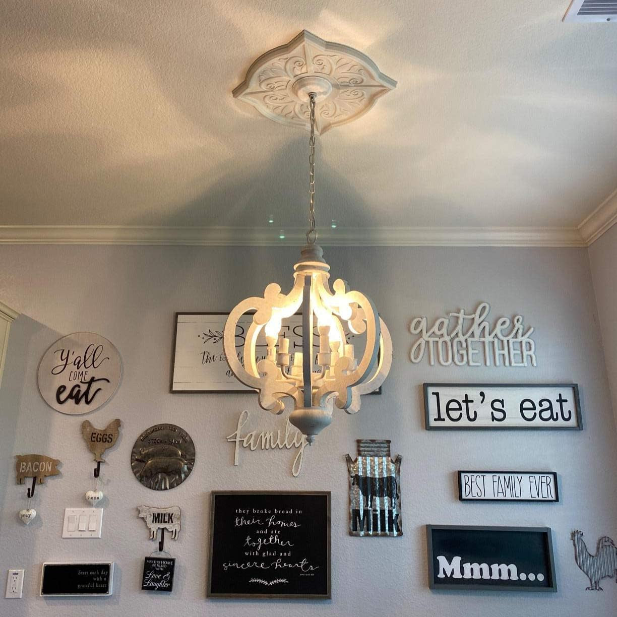 18 Inch Farmhouse Wood Chandelier, 6-Lights Dining Room Light Fixtures over Table, White Chandelier Light Fixture, Rustic Chandelier for Kitchen Island, Hallway, Foyer