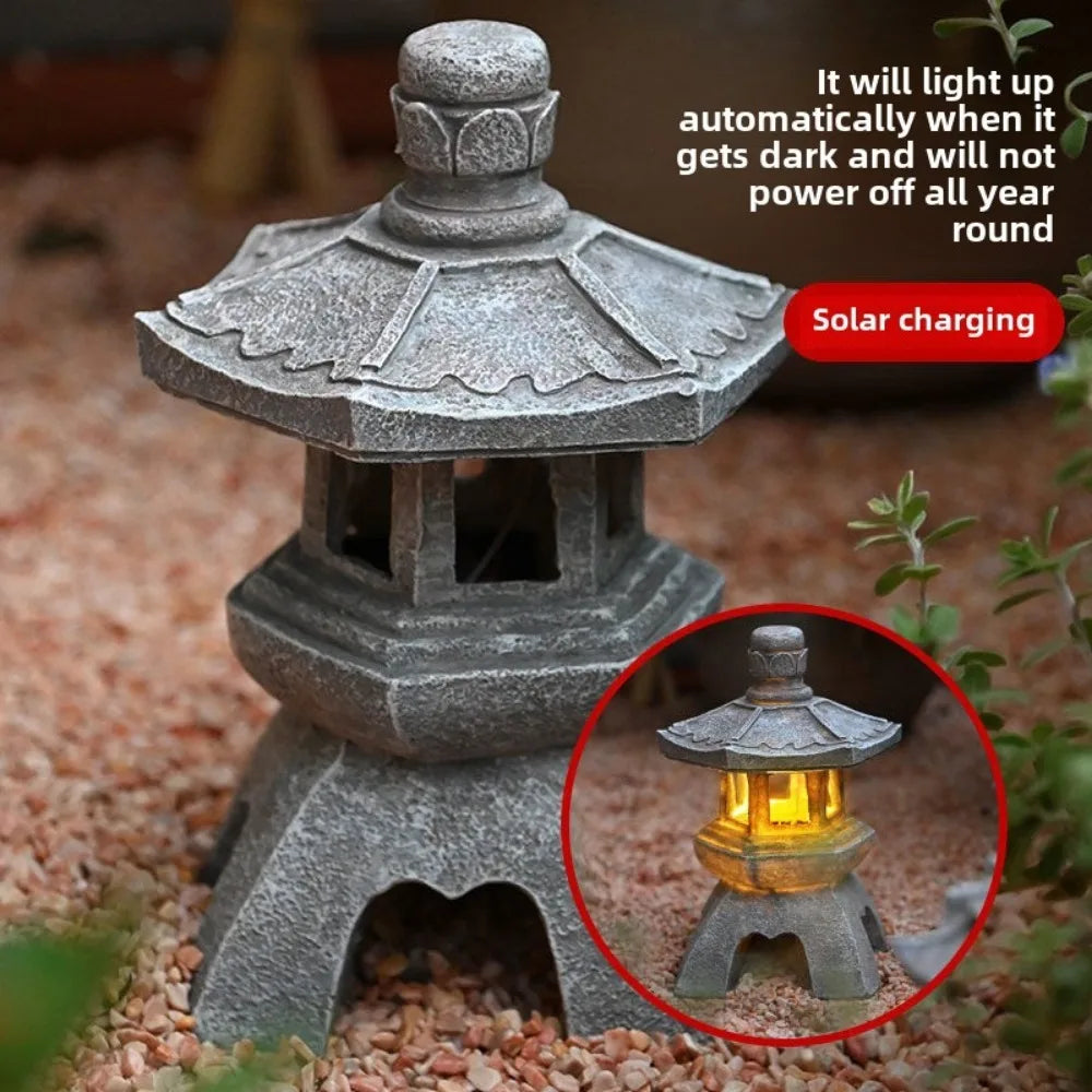 Solar Light Zen Stone Pagoda Decoration Ornaments Garden Garden Resin Small Palace Lantern Sculpture Furniture Outdoor Light