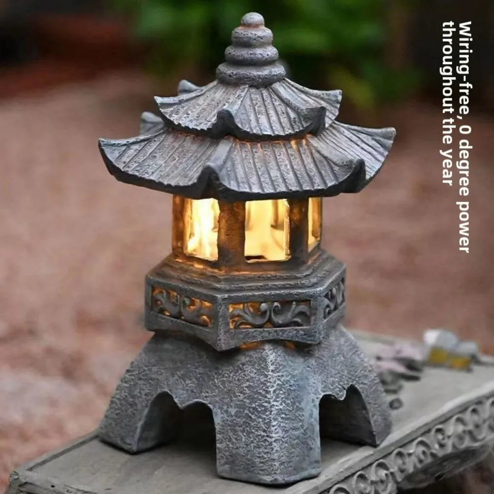 Solar Light Zen Stone Pagoda Decoration Ornaments Garden Garden Resin Small Palace Lantern Sculpture Furniture Outdoor Light