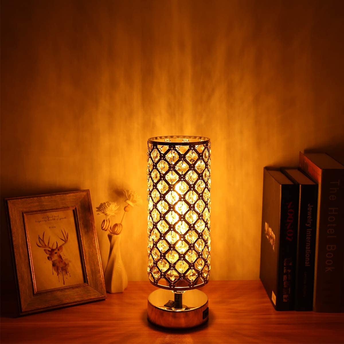 USB Crystal Table Desk Lamp with USB Port,  Elegant Bedside Light, Glam Lamps for Bedrooms, Small Decorative Lamp, Nightstand Lamp for Bedroom/Living Room/Dressing Room-Excluded Bulb