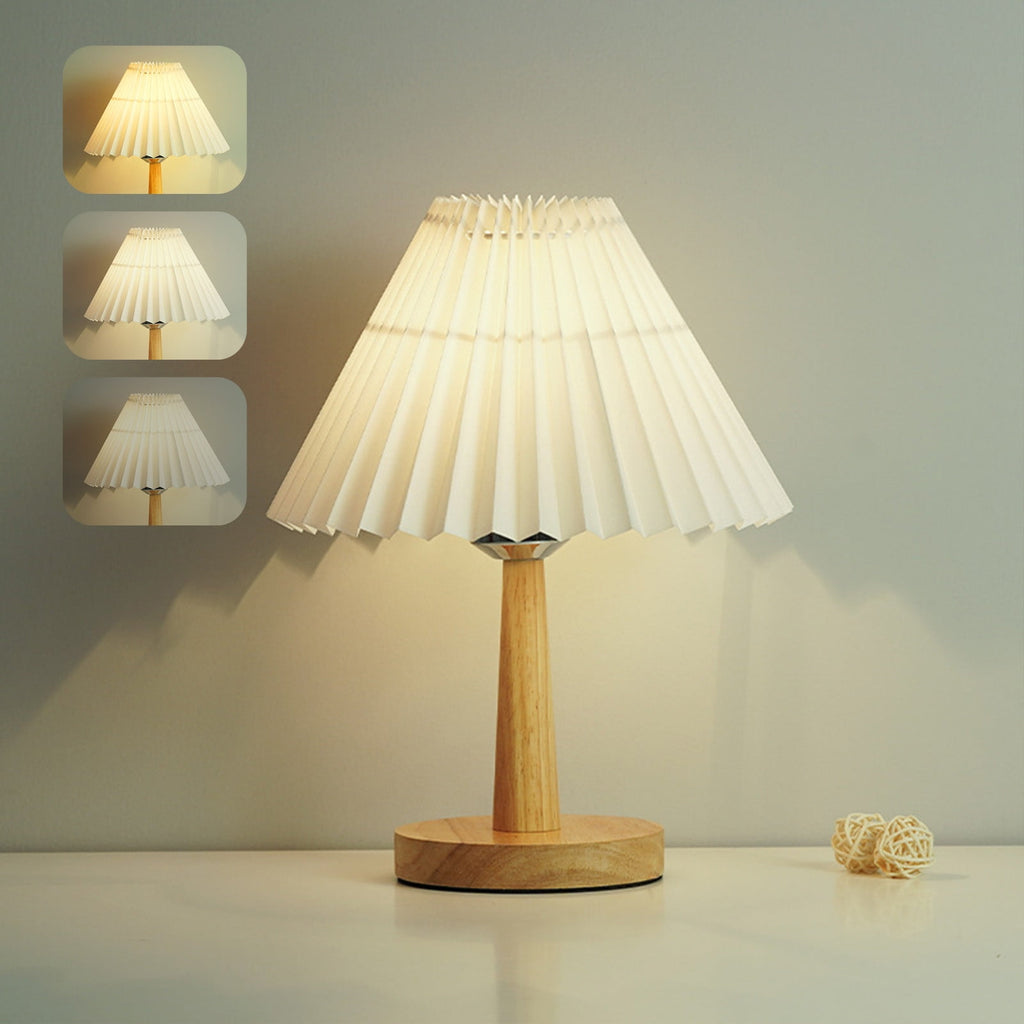 Pleated Table Lamp, Modern Bedside Nightstand Lamp with Umbellate Flaxen Fabric Shade and Wooden Base Infinitely Dimmable Adjustable LED Night Lights for Bedroom Living Room Office Bulb Included
