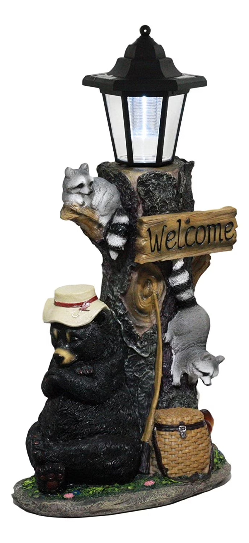 Forest Lazy Bear Raccoon Welcome Sign Solar Light Lantern Outpost Statue, UV Resistant