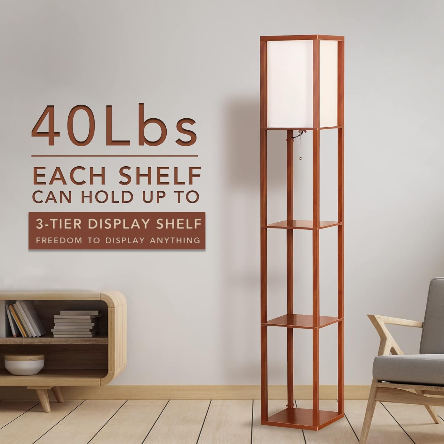 Avery - 63" Floor Lamp with Shelves, Modern Shelf Lamp for Bedroom and Living Room, Tall Standing Lamp with Shelves, Bedside Floor Lamp for Reading, White