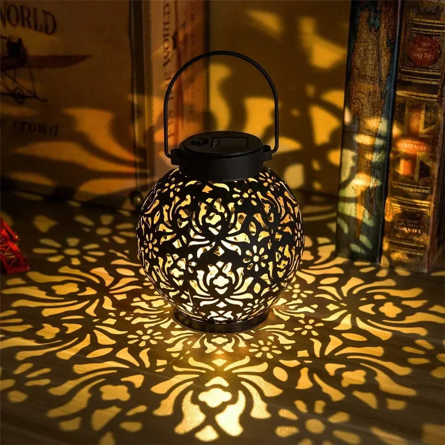 Outdoor Garden Landscape Decoration Solar Lights LED Metal Waterproof round Lantern Lights Hanging Hollow Projection Lights