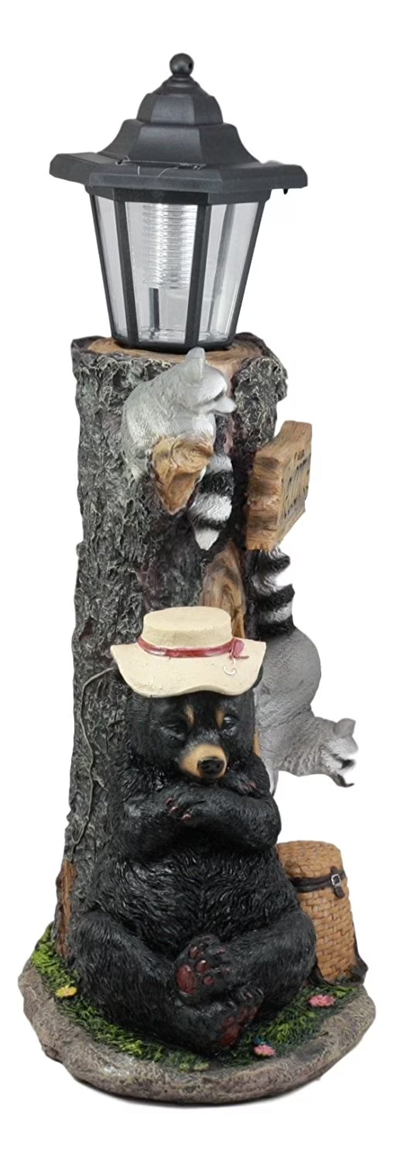 Forest Lazy Bear Raccoon Welcome Sign Solar Light Lantern Outpost Statue, UV Resistant