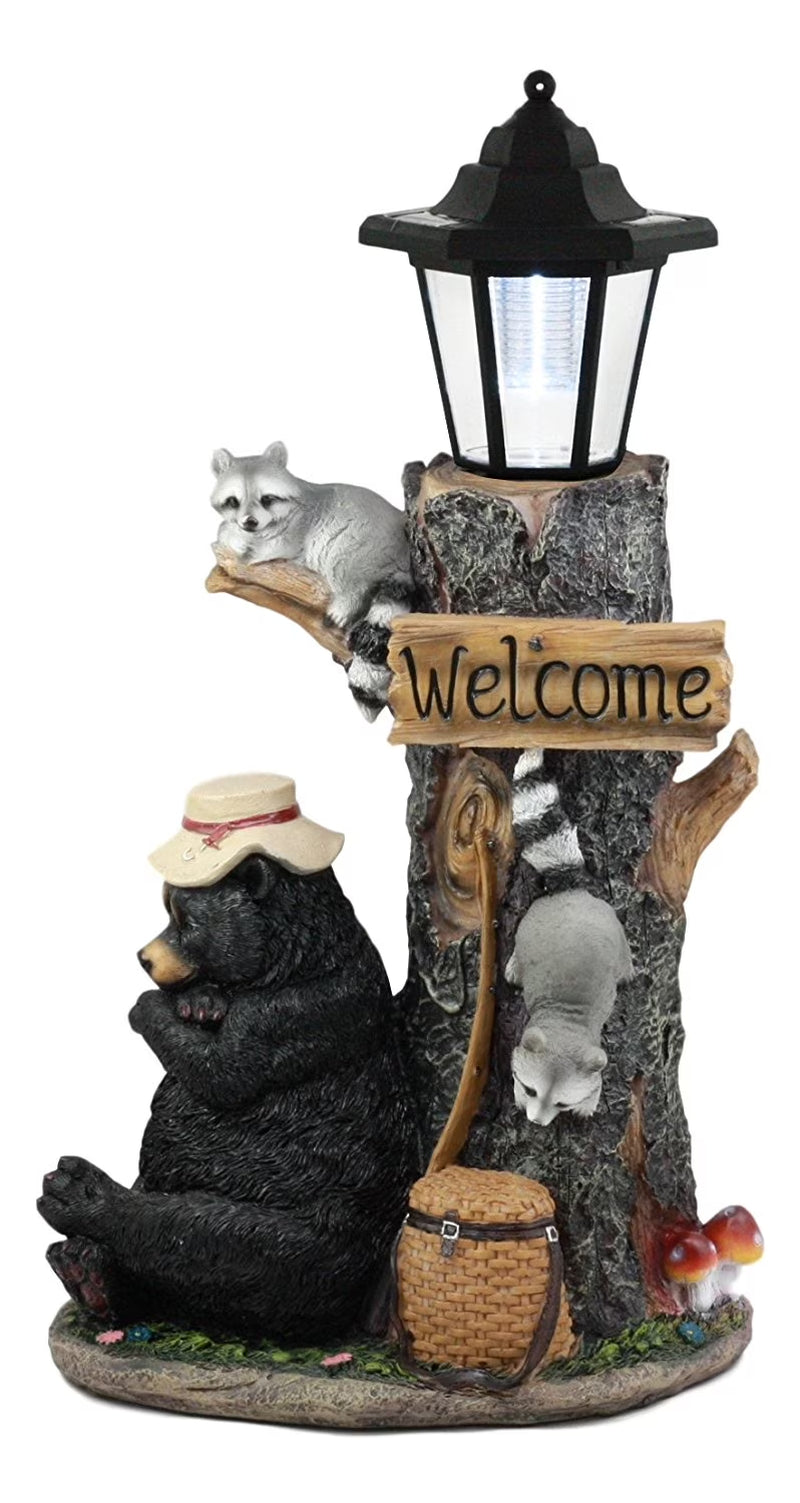 Forest Lazy Bear Raccoon Welcome Sign Solar Light Lantern Outpost Statue, UV Resistant