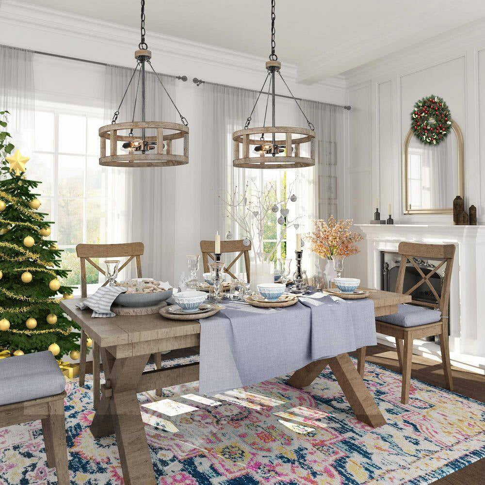 Drum Wood Chandelier, Rustic 3-Light Brown Caged Chandelier round Island Pendant Light Farmhouse Chandelier
