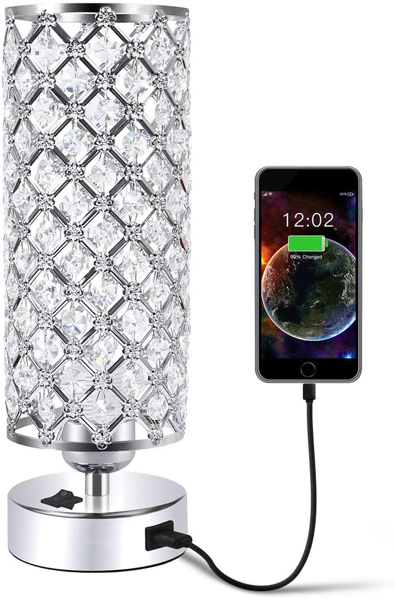 USB Crystal Table Desk Lamp with USB Port,  Elegant Bedside Light, Glam Lamps for Bedrooms, Small Decorative Lamp, Nightstand Lamp for Bedroom/Living Room/Dressing Room-Excluded Bulb